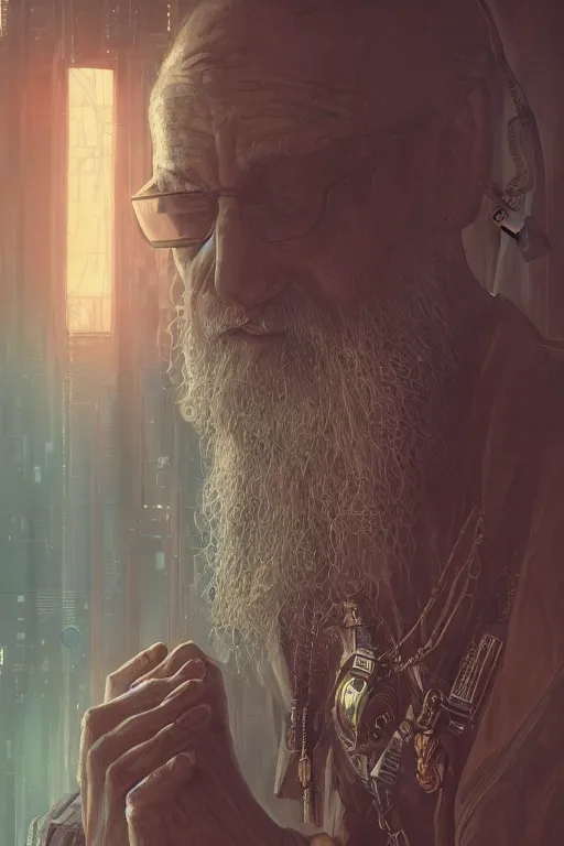 Image similar to ultrarealistic illustration cyberpunk old russian priest praying, cyberpunk, sci-fi fantasy, intricate, elegant, highly detailed, digital painting, artstation, concept art