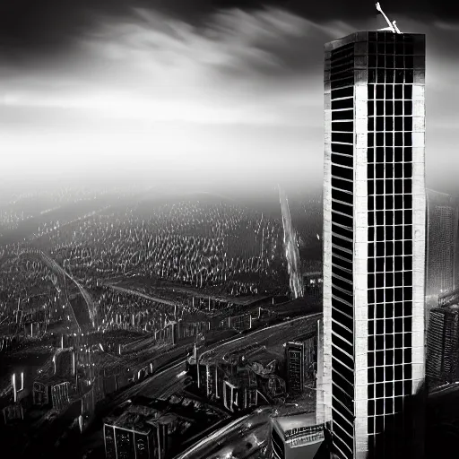 Prompt: art deco sports stadium on a skyscraper, chicago, city, dark city, olympics event 1930's, moody lighting, cinematic, movie frame, Road to Perdition