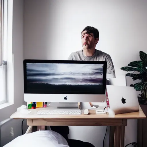 Image similar to a man, alone in his bedroom, staring at his imac