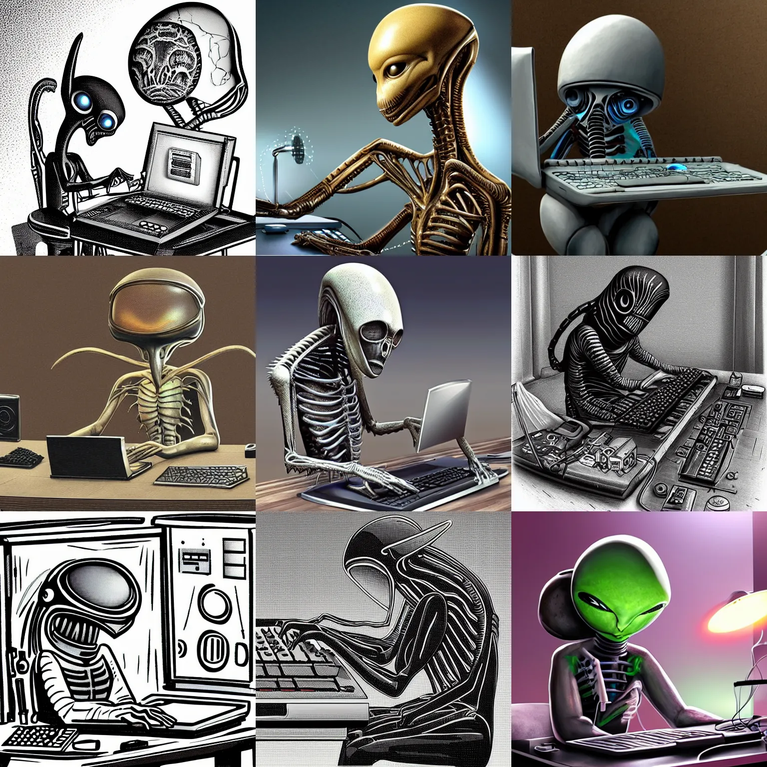 Prompt: an alien working on a computer, an ancient archeological artifact, hyper - realistic, extremely detailed