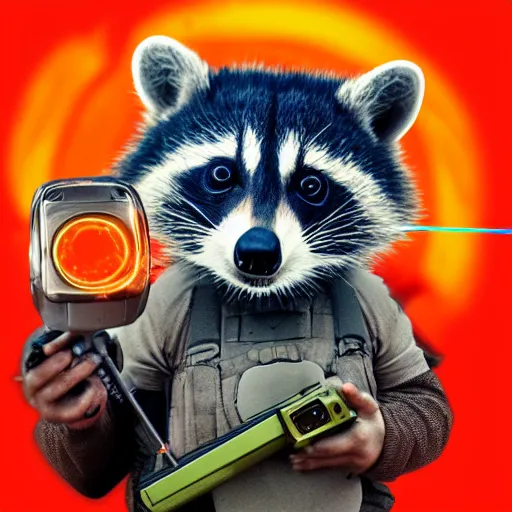 Image similar to racoon holding a laser gun, digital art , centred award winning 4K