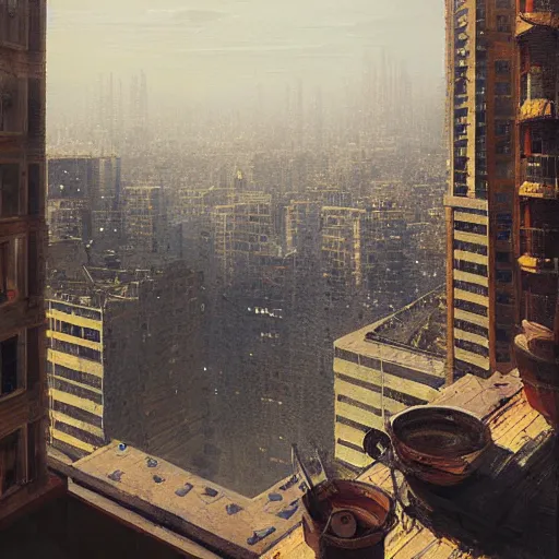 Prompt: the trappings of modern life, a view from the penthouse, oil painting by greg rutkowski