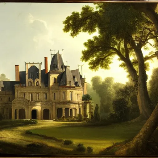 Image similar to a large serene beautiful matte painting of a delapitaded quaint french country castle in a state of disrepair, covered in vines, by asher brown durand and george ault featured on artstation