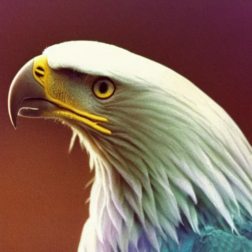 Prompt: Studio photo of a beautiful pastel coloured eagle with long hair, taken by Annie Leibovitz