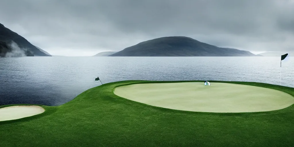 Prompt: a great photograph of the most amazing golf hole in the world completely surrounded by water, loch ness monster in the water, ambient light, golf digest, top 1 0 0, fog