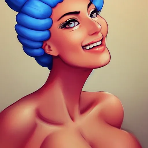 Image similar to very beautiful marge simpson, smiling, flirty, eye contact, perfect face, perfect body, drawn by artgerm