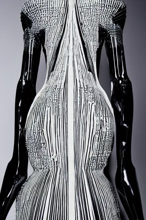 Image similar to futuristic haute couture dress styled by iris van herpin, yoji shinkawa, sharp detailed lines