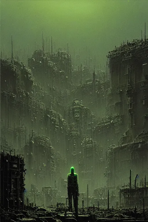 Prompt: glowing green crystals irradiating infested city, wasteland, survival post - apocalyptic, ruined tanks, beksinski