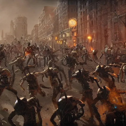 Image similar to steampunk rock band fighting a horde of zombies, 3d scene, render, ultra realistic, zenith view, Greg Rutkowski, artstation, cgsociety, unreal engine, ray tracing, W 768