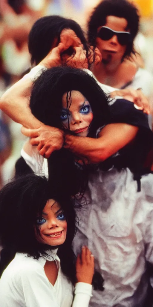 Image similar to michael jackson hugging an alien, in focus, blured background, boceh, high detail, sharp, film photography, direct flash, kodak portra 4 0 0,