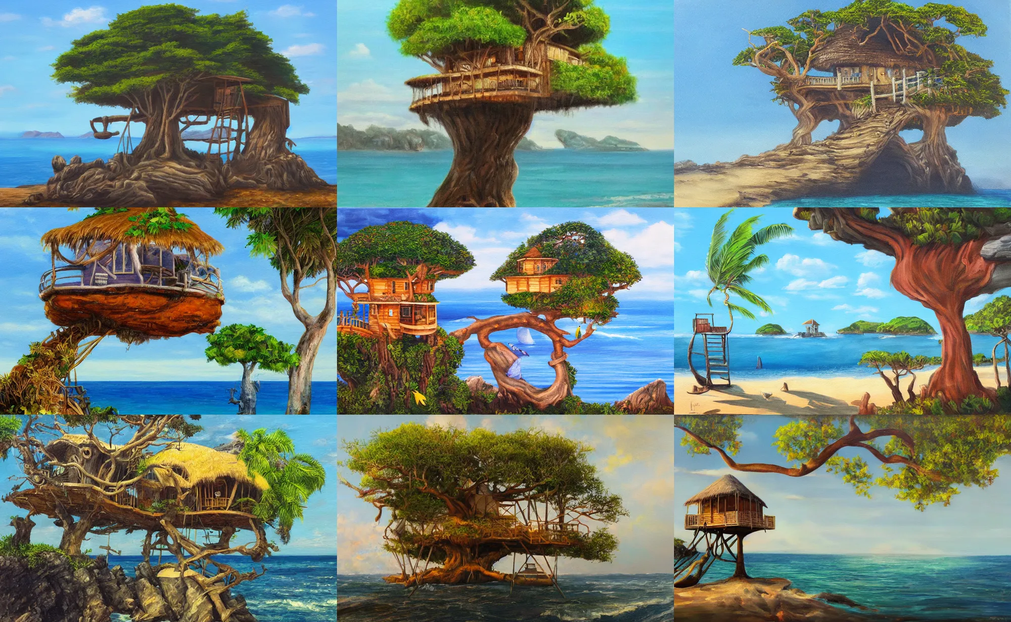 Prompt: still life painting of a mystical island treehouse on the ocean