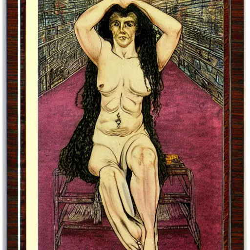 Prompt: A beautiful print. Her cell is as bare as mine. She is sitting in the middle, hugging her knees, wrapped in a toga-like garment. by Austin Osman Spare natural