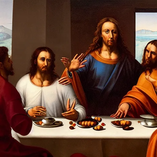 Prompt: a religious icon of elon musk having his last supper with ceos as disciples, oil on canvas by michaelangelo