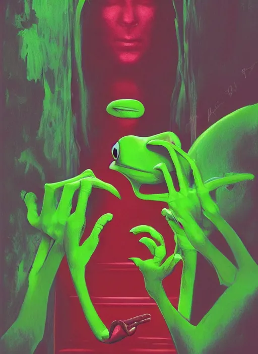 Image similar to portrait of Kermit the frog in Suspiria (1977), highly detailed, centered, solid color background, digital painting, artstation, concept art, smooth, sharp focus, illustration, Jason Edmiston, donato giancola, Joseph Christian Leyendecker, Les Edwards, Ed Repka, WLOP, Artgerm
