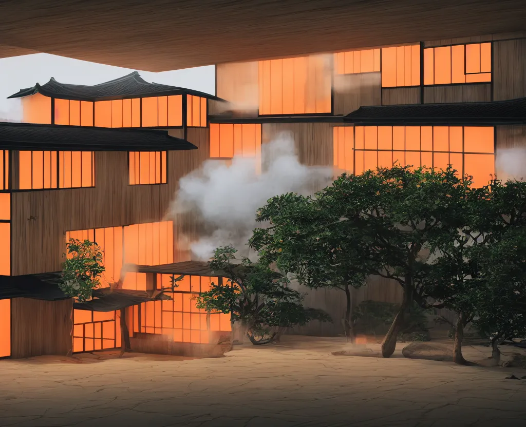 Image similar to photo of the exterior of a futuristic japanese house with traditional japanese garden, dramatic lighting, smoke, ceiling fluorescent lighting, black and orange colour palette, wide shot, octane render