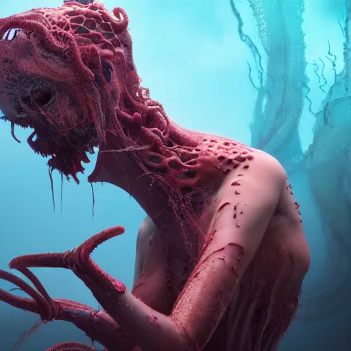 Image similar to beautiful, terrifying, demonic, full body female, with the body of a goddess, with parasitic tentacles crawling up her, in a underwater horror scene, photo realistic, dramatic cinematic lighting, octane render, 4k, ultra detailed,