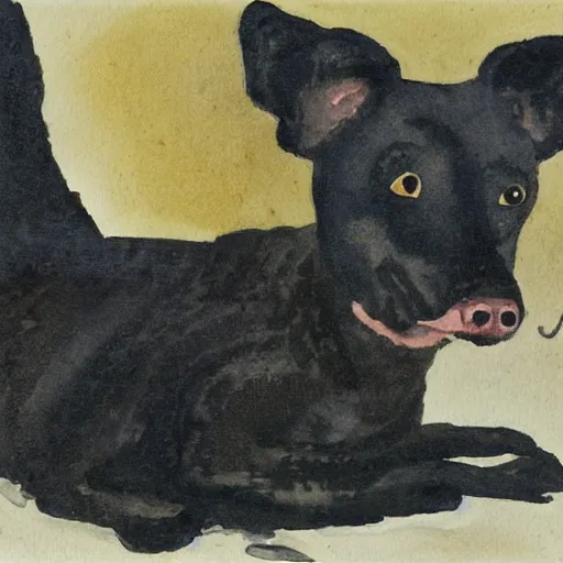 Image similar to a watercolor of a small black dog drinking beer by charles e. burchfield