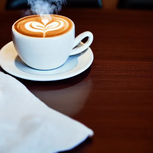 Prompt: photo of a steaming cup of cappuccino on a low table, croissant on a plate, empty hotel lobby, coffee spoon on a napkin, liminal, diffuse light, hdr, dslr