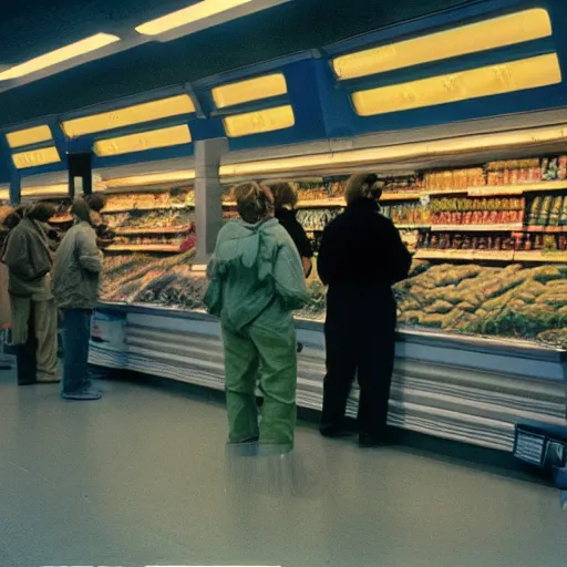 Prompt: alien standing in line at a soviet grocery store, top secret style, realistic photo, cinestill 8 0 0 t, 1 9 7 0 s, color