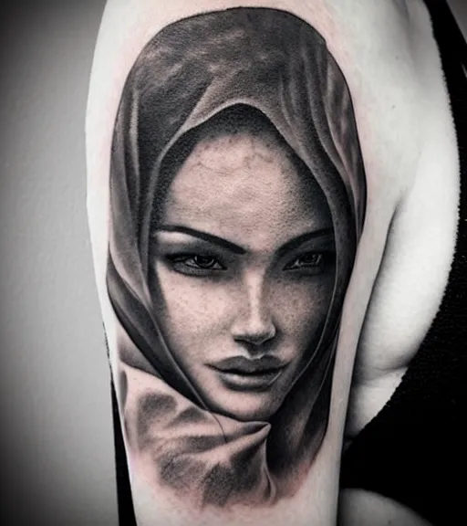 Prompt: amazing blend effect of a beautiful mountain scenery and a beautiful woman face, tattoo design sketch, hyper - realistic, in the style of matteo pasqualin, amazing detail, black and white