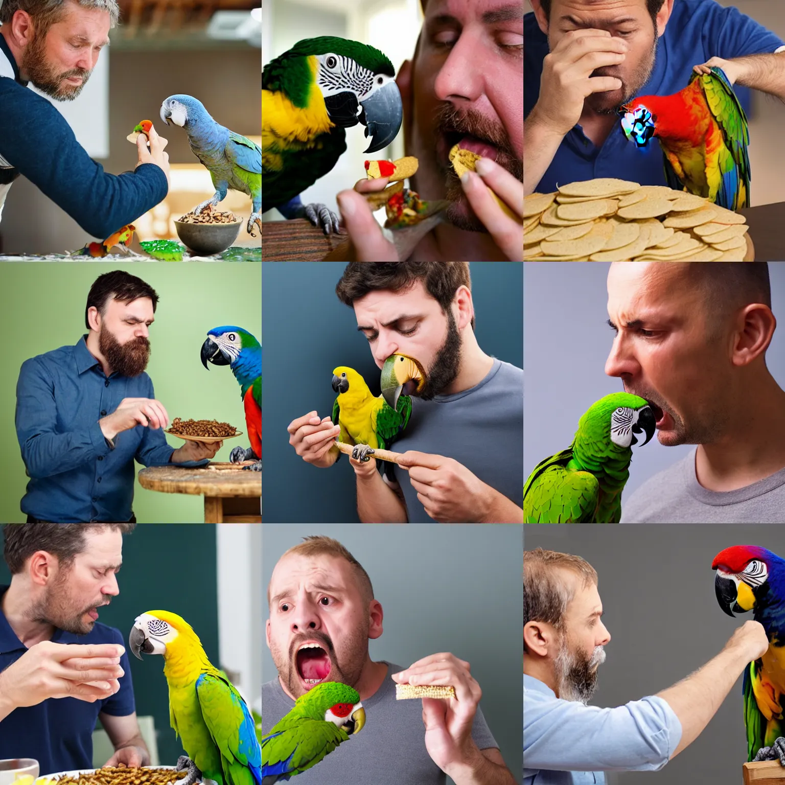 Prompt: frustrated man trying to feed a parrot some crackers