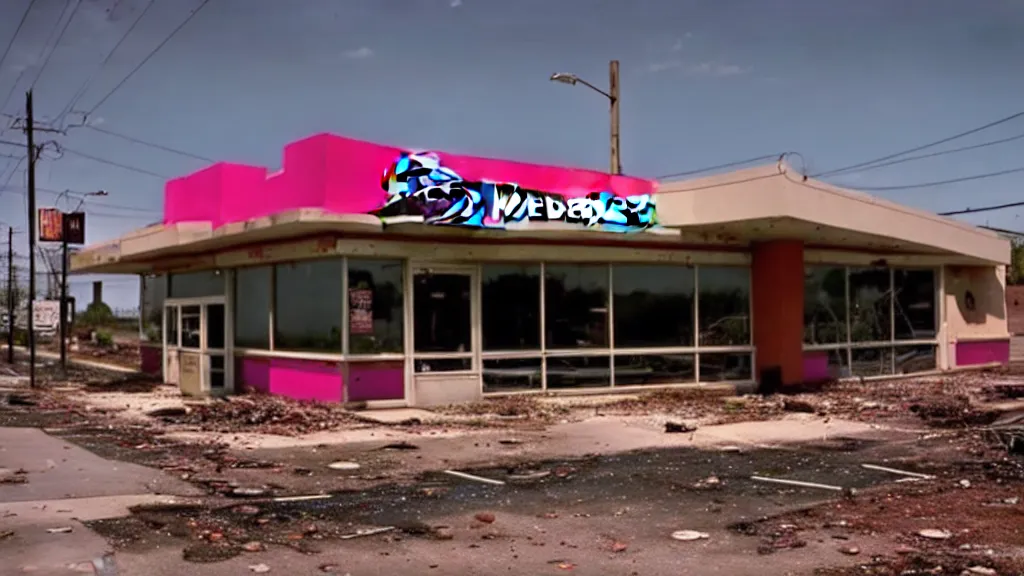 Image similar to Beautiful Kodachrome 35mm footage of a 90s Taco Bell restaurant abandoned apocalypse with nature reclaiming overgrowth, atmospheric, volumetric lighting, 4k-s 100