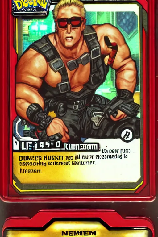 Prompt: Duke Nukem!!!, Pokemon card of Duke Nukem!, highly detailed trading card screenshot