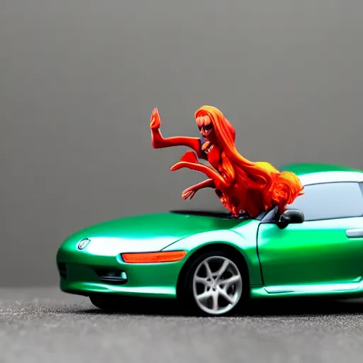 Image similar to a redhead woman driving a Jada toys mitsubishi eclipse green diecast car, high resolution macro photo, viewed through the cars window