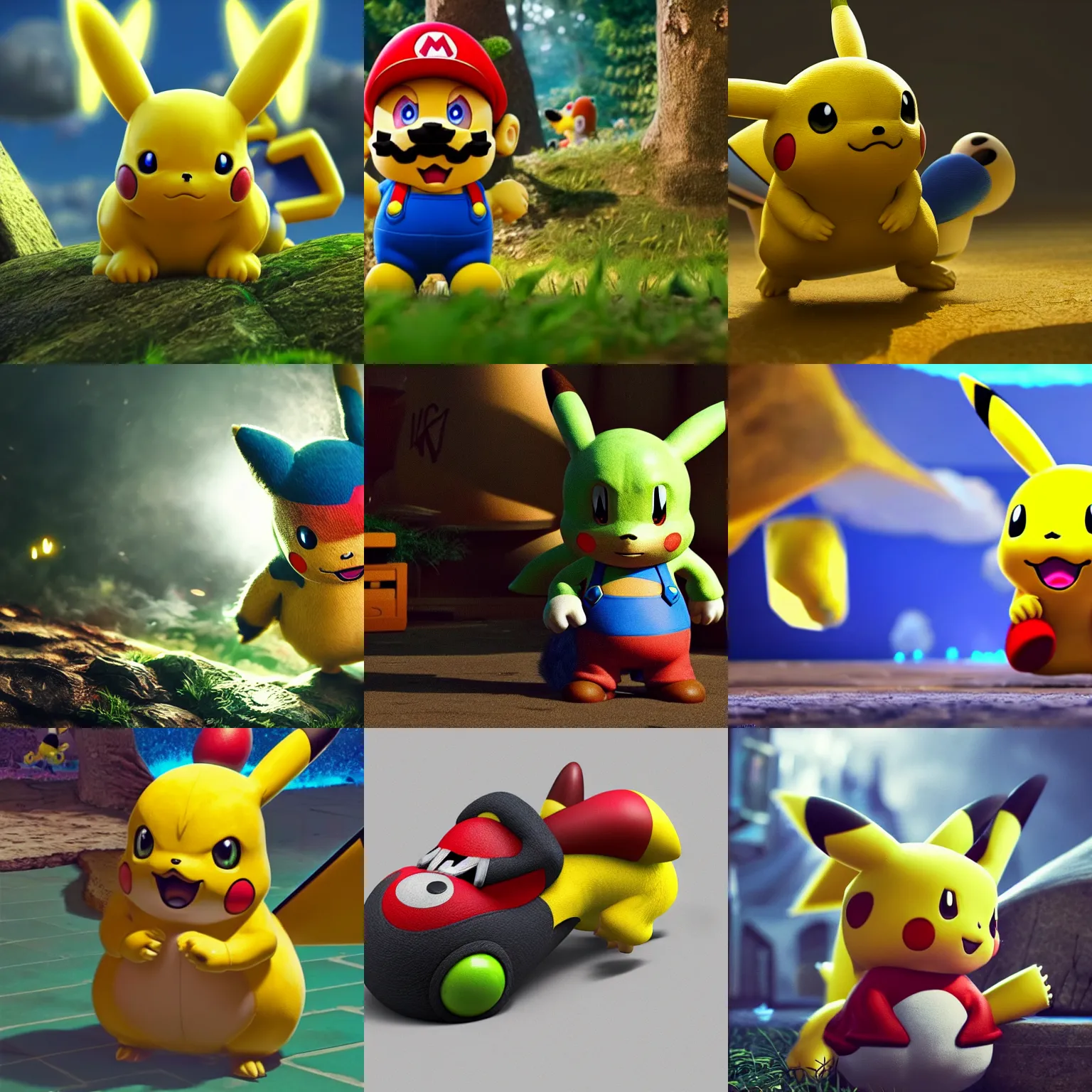 Prompt: pikachu mario sonic yoshi kirby zelda, ultra realistic, concept art, intricate details, dark, highly detailed, photorealistic, octane render, 8k, unreal engine