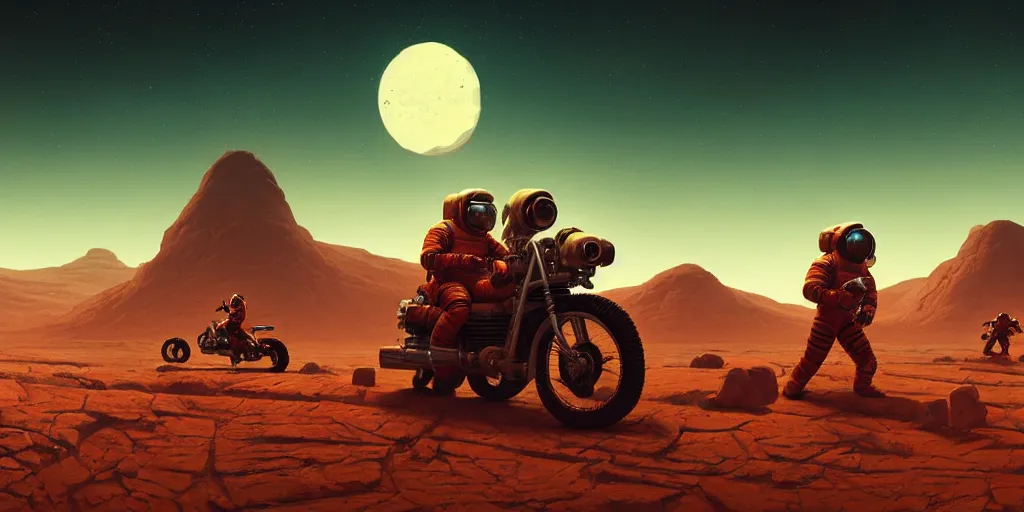 Image similar to american astronaut driving a motorcycle in mars, tribe members chasing, action scene, an epic fantasy, dramatic lighting, cinematic, establishing shot, extremely high detail, photorealistic, cinematic lighting, artstation, octane render, by simon stalenhag, horizon forbidden west