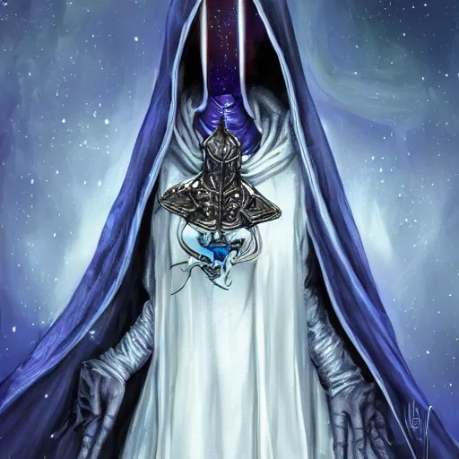 Prompt: tall thin gray - skinned brooding space elf priestess in ornate hooded long white and blue cloak, on space station, highly detailed, mike mignogna, comic book, science fiction, dark tones, dark, rough paper, oil painting