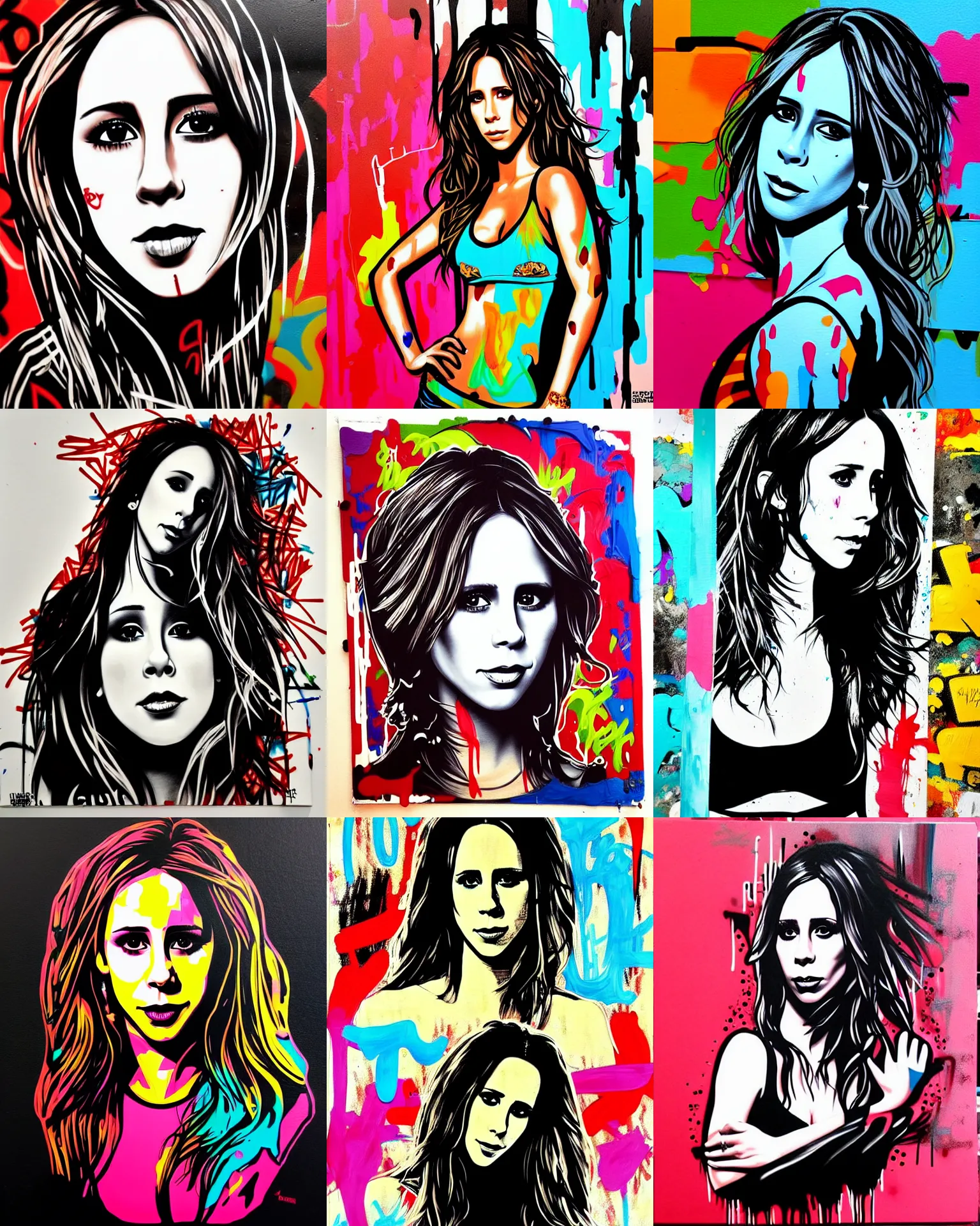 Prompt: yong jennifer love hewitt, drip painting, graffiti, highly detailed, simple, no jagged lines, smooth, artstation, centered artwork by shepard fairey