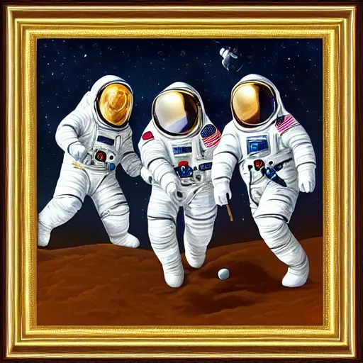 Image similar to set of painting, art noveau, astronauts, with a golden frame