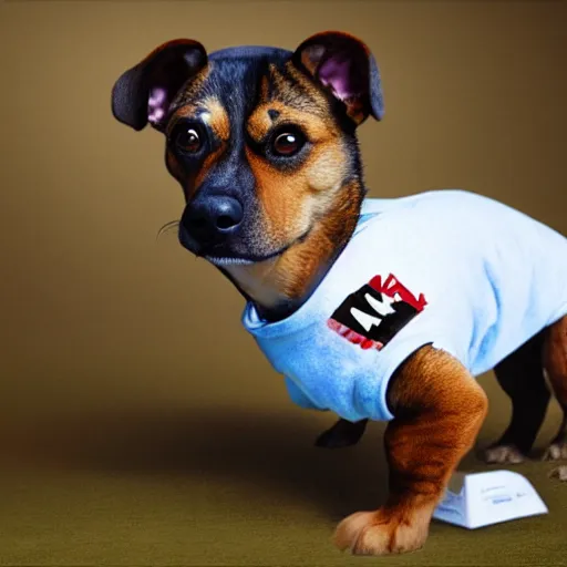 Image similar to a photorealistic dog character is wearing a shirt which writes'win'