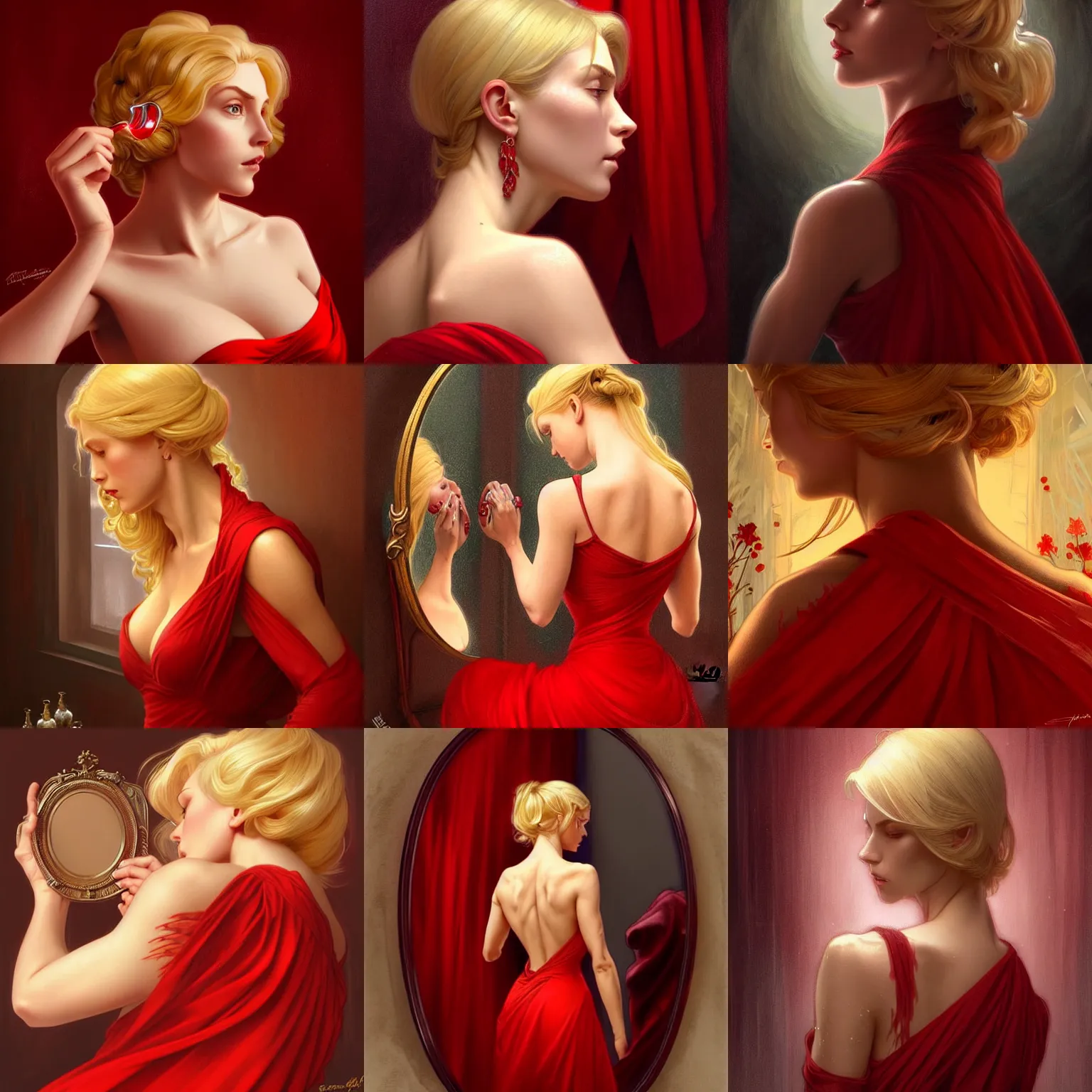 Prompt: beautiful blonde woman in a red dress looking into a cursed hand mirror, closeup, her back visible and covered in scars, D&D, fantasy, intricate, elegant, highly detailed, digital painting, artstation, concept art, matte, sharp focus, illustration, art by Artgerm and Greg Rutkowski and Alphonse Mucha