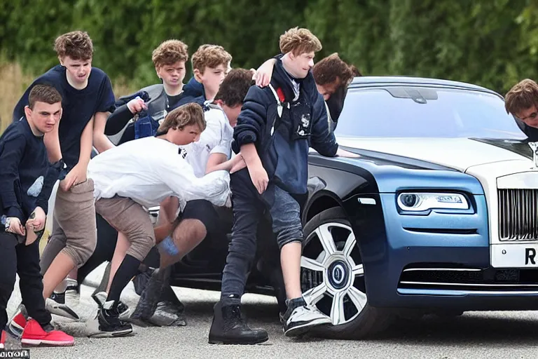Image similar to A group of teenagers are behind a Rolls-Royce holding him by the boot and pushing him into a white lake from a small slide