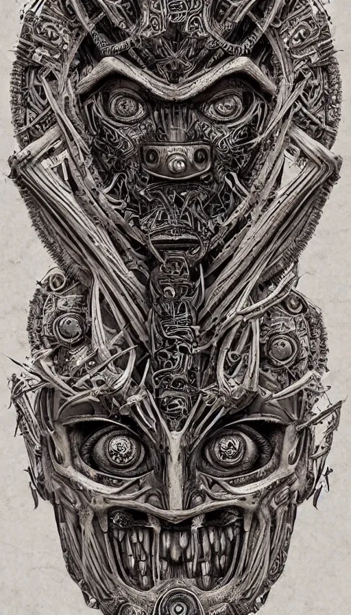 Image similar to ancient biomechanical hybrid aztec fantasy beautiful shaman symmetrical human face immortal mask tattoo pattern concept, teonanacatl glyph, intricate artwork by, Johnatan Wayshak, Zdizslaw Beksinski, face by Artgerm, H.R. Giger, very coherent artwork, cinematic, hyper realism, high detail, octane render, unreal engine, 8k, High contrast, higly detailed black ink outline, crosshatch sketch gradient