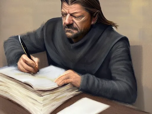 Prompt: portrait of Lord Ned Stark sitting thoughtfully at a desk, reding a big book, elegant, digital painting, sharp focus, painted by Marc Simonett