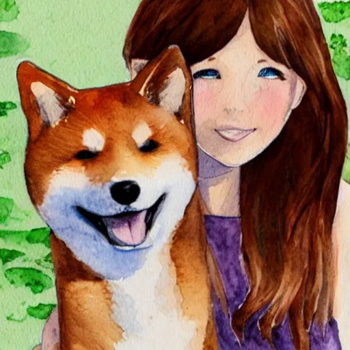 Image similar to a watercolor illustration of a girl with light brown hair, hazel eyes and freckles accompanied by a shiba inu