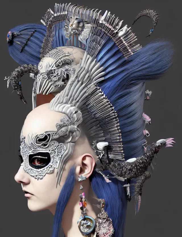 Image similar to 3 d goddess close - up profile portrait punk with mohawk in victorian style with ram skull. beautiful intricately detailed japanese crow kitsune mask and clasical japanese kimono. betta fish, jellyfish phoenix, bio luminescent, plasma, ice, water, wind, creature, artwork by tooth wu and wlop and beeple and greg rutkowski