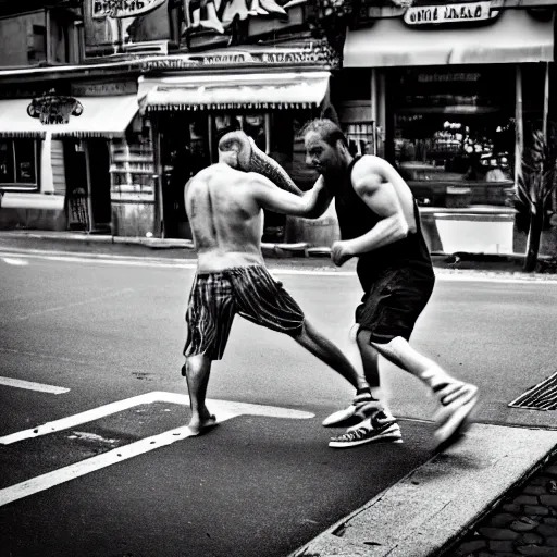 Prompt: A street fight between a human sized tuna and a pizzaiolo with four arms, street photography