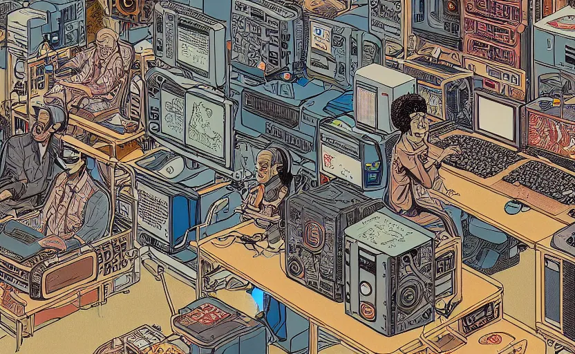 Prompt: hyper-detailed, intricate, illustration of a computer lab scientist discovering AI sentience, cyberpunk, in the style of Geof Darrow