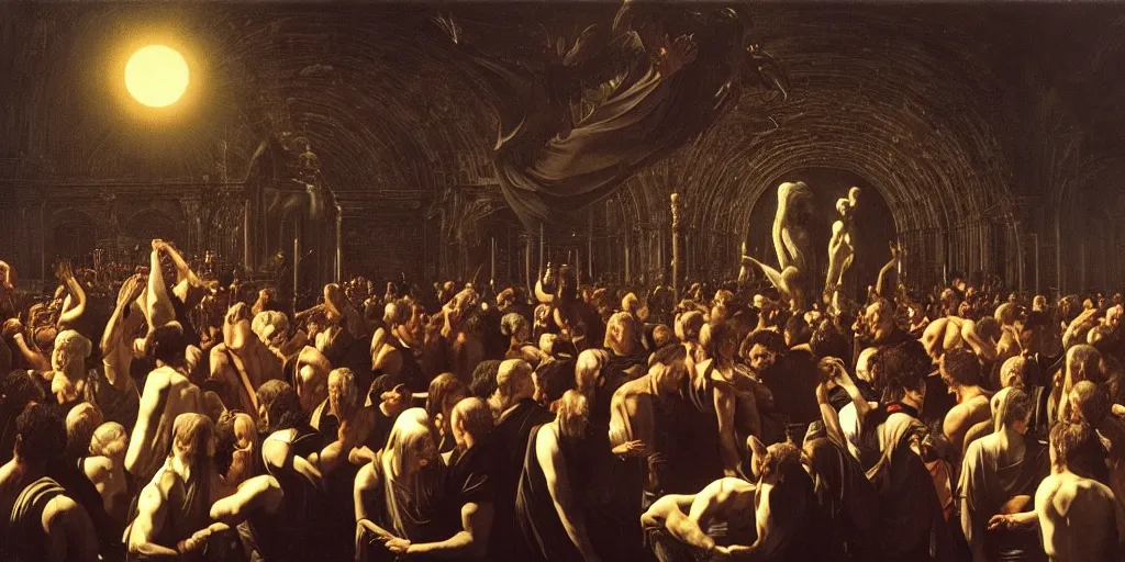 Image similar to huge crowd of unruly people enjoying dark ritual music, high detail baroque oil painting, golden ratio, volumetric light, godrays, terrifying geometry, alan lee, caravaggio, michelangelo