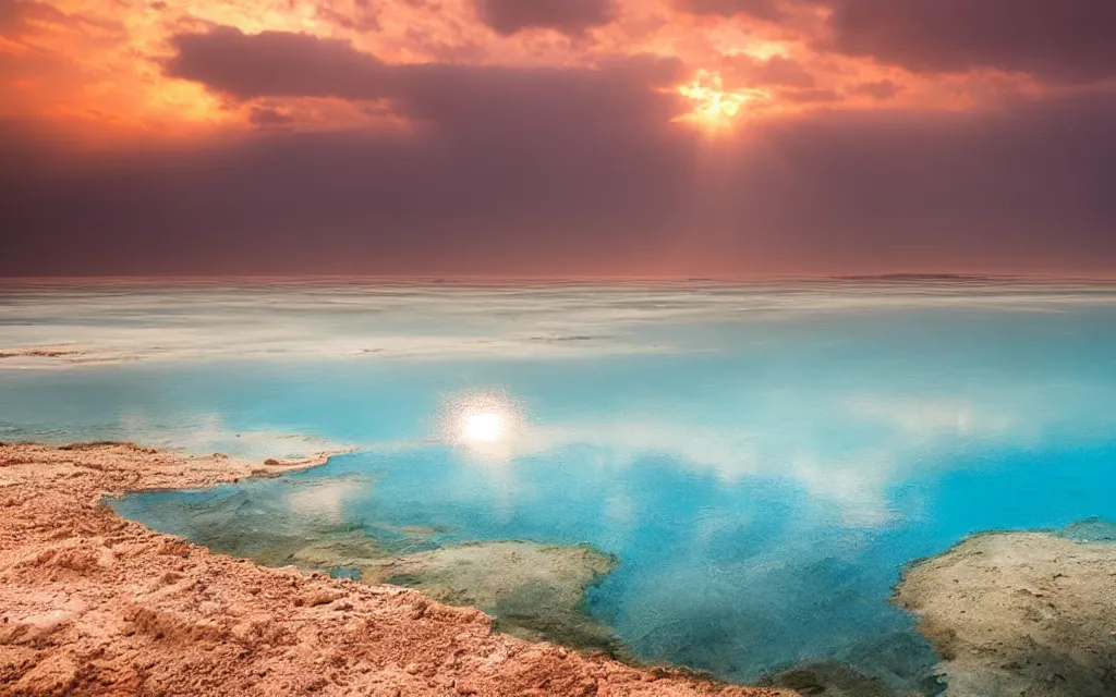 Prompt: the dead sea, beautiful sunset with clouds, rays of sunshine, professional photo