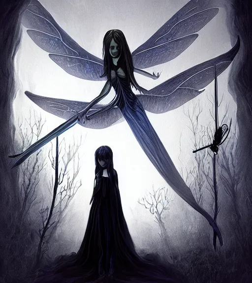 Image similar to gothic fairy with dragonfly wings, digital painting, liminal eerie midnight backlit, a picture taken by Michael Komarck