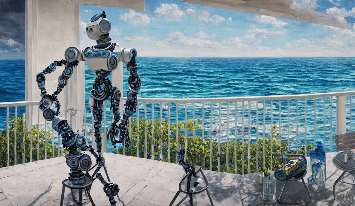 Prompt: an high resolution photo of a robot paiting a picture on a terrace over the sea, hyper detailed, photography, realistic, art, 8 k, unreal engine, cinematic, shallow focus, f 2. 8 3 5 mm, kodak film, 3 5 mm film