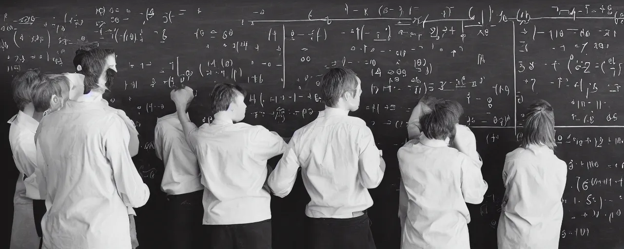 Image similar to mathematicians standing around a chalkboard solving an equation about spaghetti, detailed facial expression, canon 5 0 mm, cinematic lighting, photography, retro, film, kodachrome