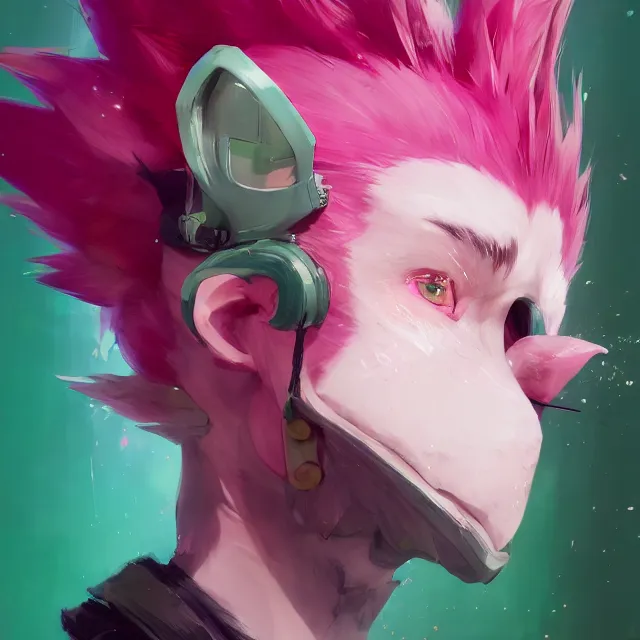 Image similar to a beautiful headshot portrait of a cute anime male boy with pink hair and pink wolf ears and green eyes wearing cyberpunk clothes. character design by cory loftis, fenghua zhong, ryohei hase, ismail inceoglu and ruan jia. artstation, volumetric light, detailed, photorealistic, fantasy, rendered in octane