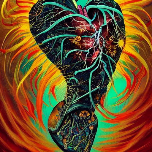 Image similar to a beautiful painting by Anato Finnstark and Victo Ngai of an anatomically correct heart bursting out of an anatomically correct skeletal rib-cage and exploding into rainbows and sunflowers, trending on artstation hq