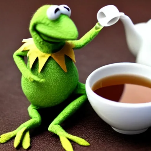 Image similar to kermit the frog drinking a cup of tea
